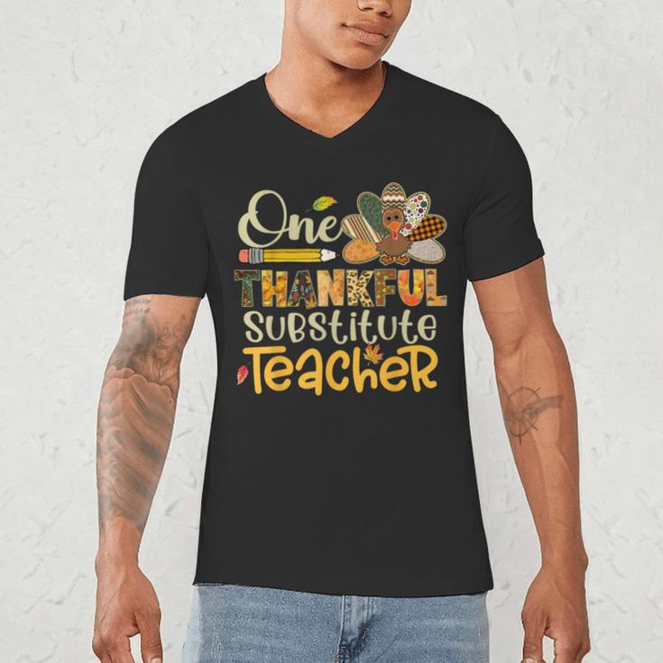 One Thankful Substitute Teacher Turkey Leopard Thanksgiving For Men Women Men's V-Neck T-Shirt, novelty gifts, funny gifts