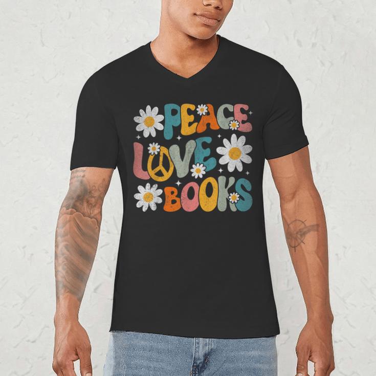 Peace Love Books Bookworm Librarian Reading Teacher Groovy Men's V-Neck T-Shirt, novelty gifts, funny gifts