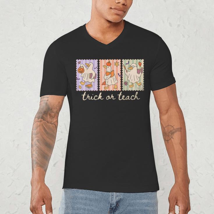 Preppy Goose Teacher Trick Or Teach Halloween Teacher Goose Men's V-Neck T-Shirt, novelty gifts, funny gifts