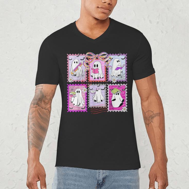 Preppy Spooky Teacher Halloween Ghost Coquette Bow Autumn Men's V-Neck T-Shirt, novelty gifts, funny gifts