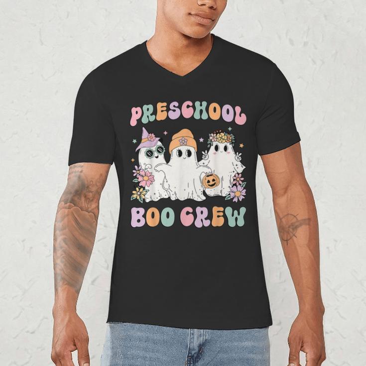 Preschool Boo Crew Groovy Halloween Floral Ghost Teacher Men Women Kids Men's V-Neck T-Shirt, novelty gifts, funny gifts