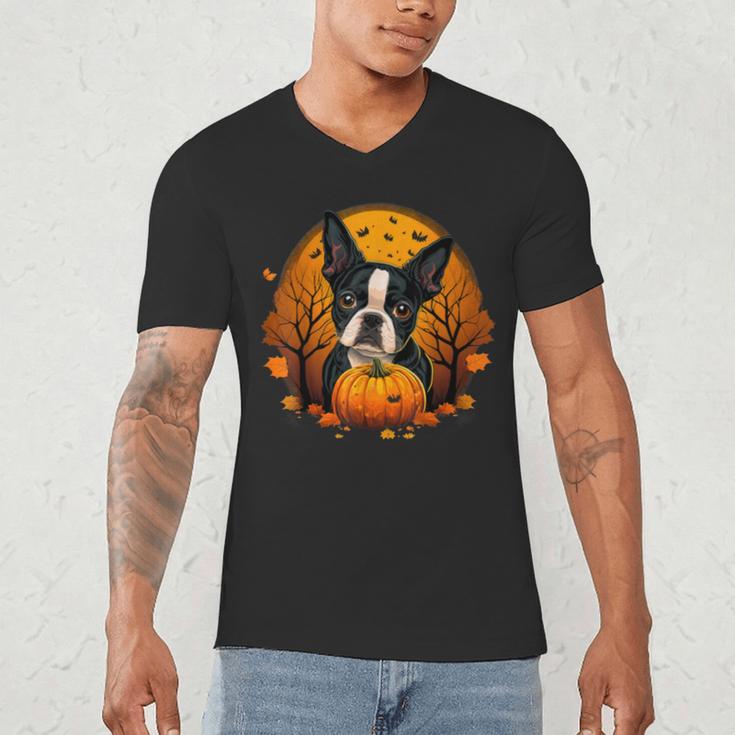 Pumpkin Boston Terrier Costume On Boston Terrier Halloween Men's V-Neck T-Shirt, novelty gifts, funny gifts