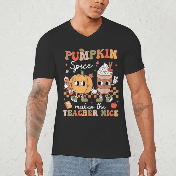 Pumpkin Spice Makes Teacher Nice Retro Fall Spooky Season Men's V-Neck T-Shirt, novelty gifts, funny gifts