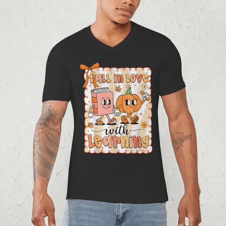 Pumpkin Teacher Preppy Fall In Love With Learning Autumn Men's V-Neck T-Shirt, novelty gifts, funny gifts