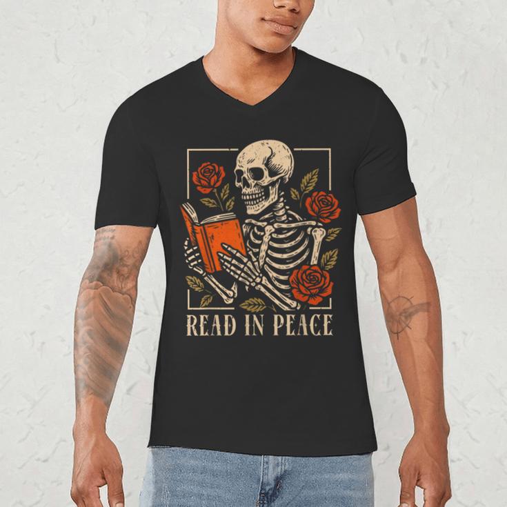 Read In Peace Skeleton Reading Book Halloween Teacher Men's V-Neck T-Shirt, novelty gifts, funny gifts