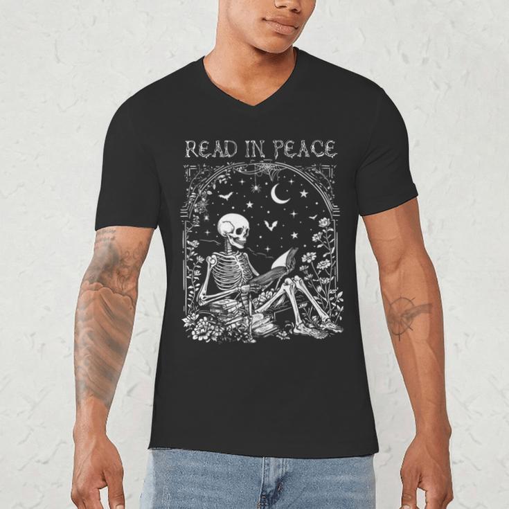 Read In Peace Skeleton Reading Teacher Spooky Halloween Men's V-Neck T-Shirt, novelty gifts, funny gifts