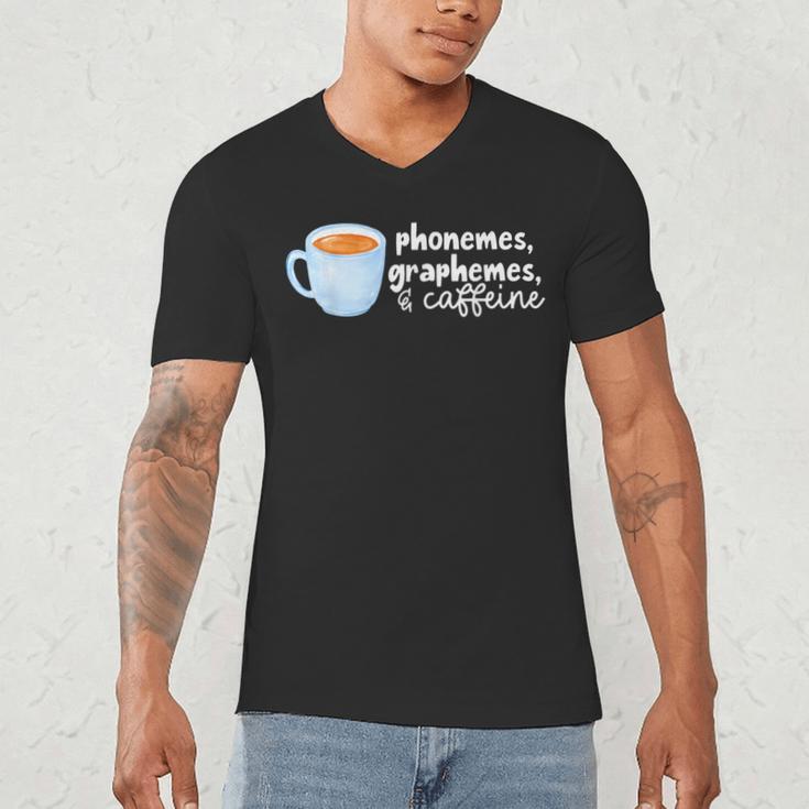 Reading Interventionist Specialist Teacher Phonemes Graphemes And Caffeine Reading Intervention -Adults Classic Fit Short Sleeve Men's V-Neck T-Shirt, novelty gifts, funny gifts