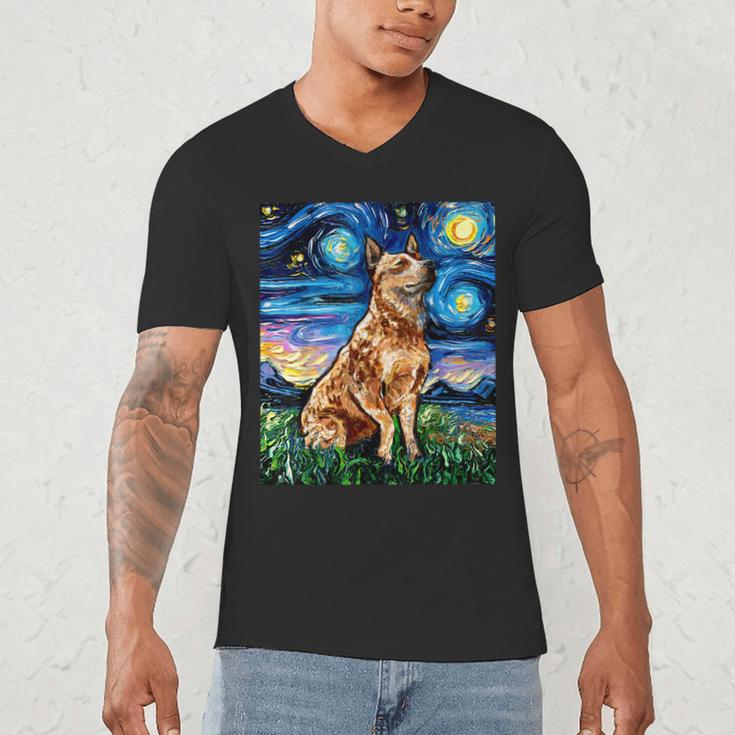 Red Heeler Starry Night Cattle Dog Colorful Art By Aja For Men Women Girls Kids Men's V-Neck T-Shirt, novelty gifts, funny gifts