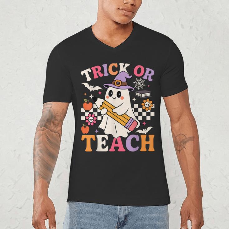 Retro Floral Ghost Trick Or Teach Groovy Teacher Halloween Men's V-Neck T-Shirt, novelty gifts, funny gifts