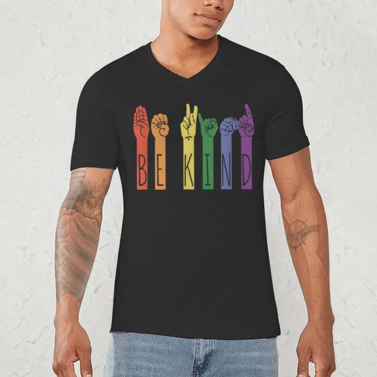 Retro Be Kind ASL Deaf Teacher Sign Language Gay Pride Men's V-Neck T-Shirt, novelty gifts, funny gifts