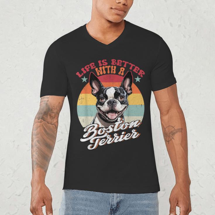 Retro Life Is Better With Boston Terrier Mom Dog Lover Men's V-Neck T-Shirt, novelty gifts, funny gifts