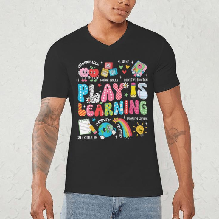Retro Play Is Learning Kindergarten Teacher Team Women Men's V-Neck T-Shirt, novelty gifts, funny gifts Retro Play Is Learning Kindergarten Teacher Team Women Men's V-Neck T-Shirt, novelty gifts, funny gifts