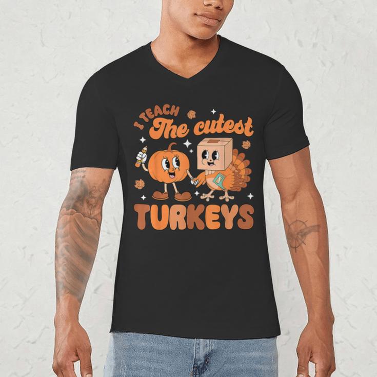 Retro I Teach The Cutest Turkey Thanksgiving Pumpkin Teacher Men's V-Neck T-Shirt, novelty gifts, funny gifts