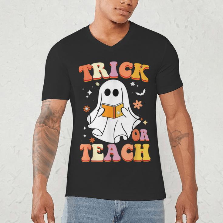 Retro Vintage Groovy Trick Or Teach Teacher Halloween For Men Women Kids Men's V-Neck T-Shirt, novelty gifts, funny gifts Retro Vintage Groovy Trick Or Teach Teacher Halloween For Men Women Kids Men's V-Neck T-Shirt, novelty gifts, funny gifts