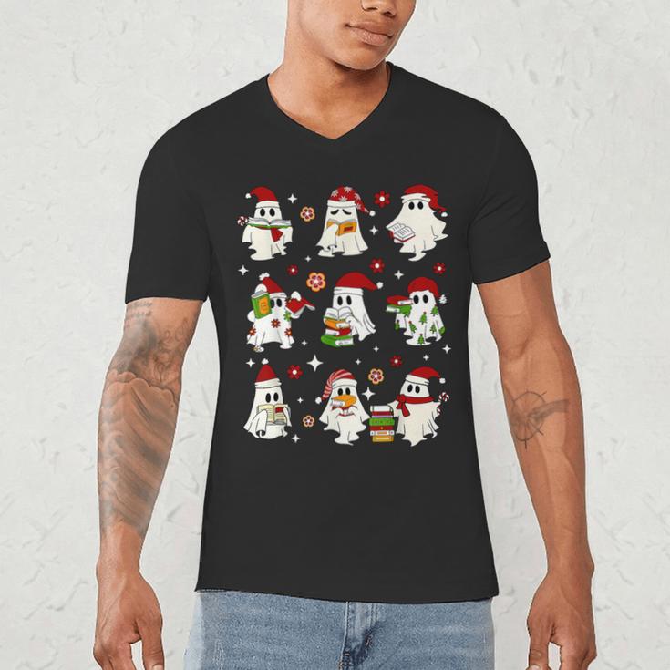 Santa Ghost Reading Books Christmas Library Teacher Men's V-Neck T-Shirt, novelty gifts, funny gifts