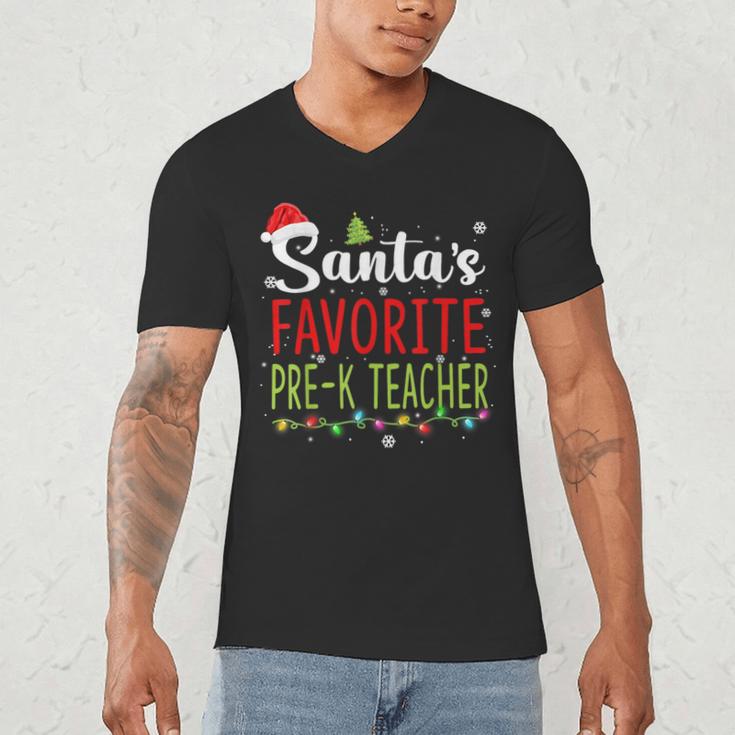 Santa's Favorite Pre-K Teacher Christmas Santa Hat Lights For Men Women Kids Men's V-Neck T-Shirt, novelty gifts, funny gifts