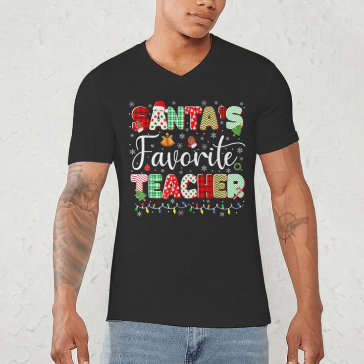 Santas Favorite Teacher Christmas Matching Xmas Men Women Men's V-Neck T-Shirt, novelty gifts, funny gifts