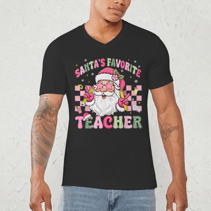 Santa's Favorite Teacher Groovy Christmas Teacher Boys Girls Men's V-Neck T-Shirt, novelty gifts, funny gifts