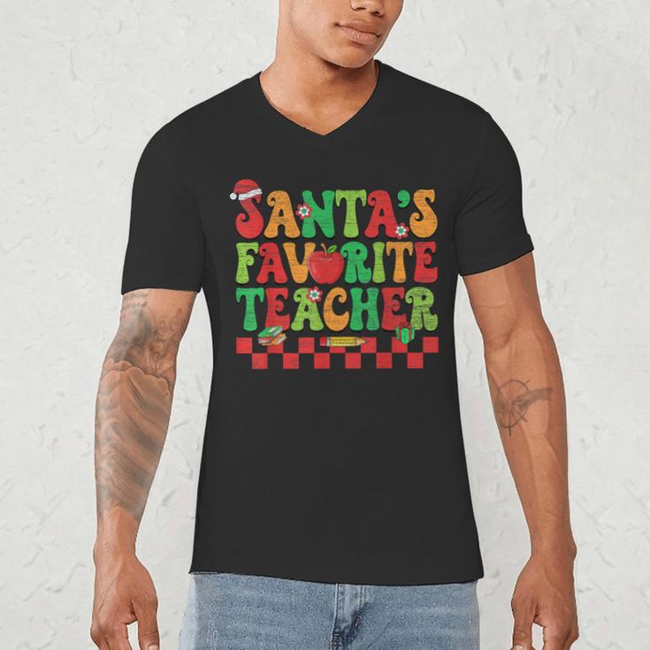 Santas Favorite Teacher Retro Groovy Christmas Xmas Women Men's V-Neck T-Shirt, novelty gifts, funny gifts Santas Favorite Teacher Retro Groovy Christmas Xmas Women Men's V-Neck T-Shirt, novelty gifts, funny gifts