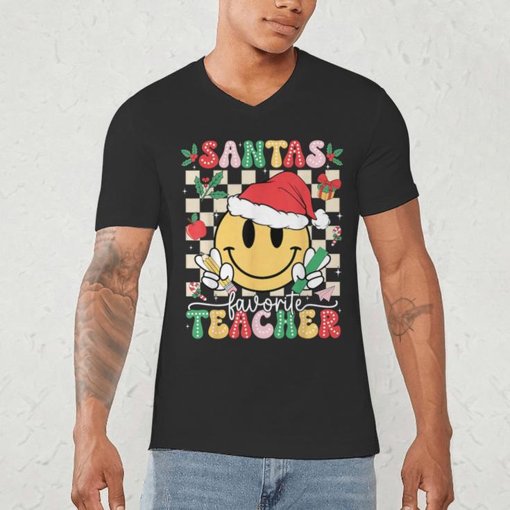 Santas Favorite Teacher Retro Groovy Smile Face Christmas Men's V-Neck T-Shirt, novelty gifts, funny gifts
