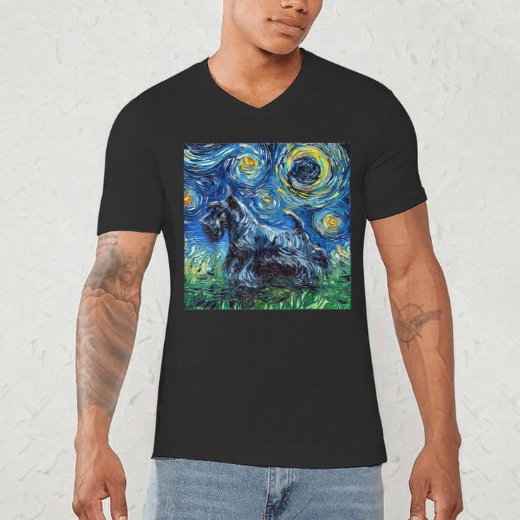 Scottish Terrier Starry Night Scotty Dog Art By Aja Men's V-Neck T-Shirt, novelty gifts, funny gifts