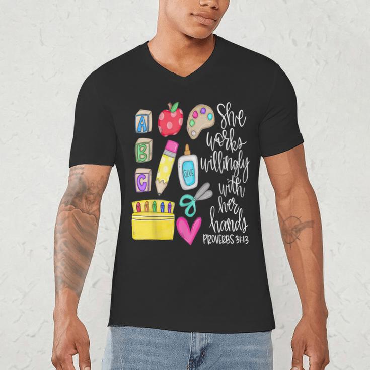 She Works Willingly With Her Hands Proverbs Daycare Teacher Men Women Men's V-Neck T-Shirt, novelty gifts, funny gifts She Works Willingly With Her Hands Proverbs Daycare Teacher Men Women Men's V-Neck T-Shirt, novelty gifts, funny gifts