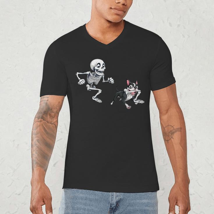 Skeleton Chasing Dog Boston Terrier Halloween Pet Lover Men's V-Neck T-Shirt, novelty gifts, funny gifts