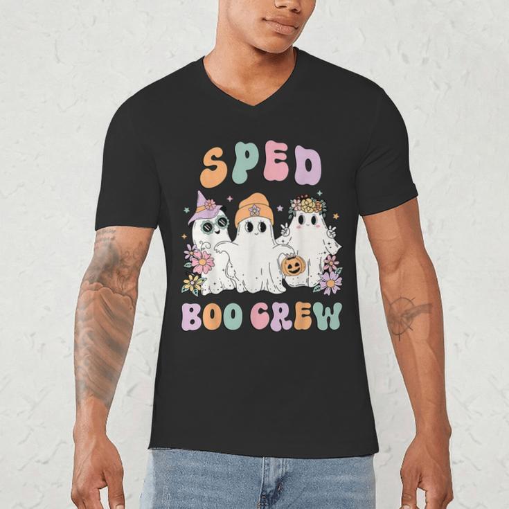 SPED Boo Crew Halloween Floral Ghost Special Ed SPED Teacher For Men Women Kids Men's V-Neck T-Shirt, novelty gifts, funny gifts