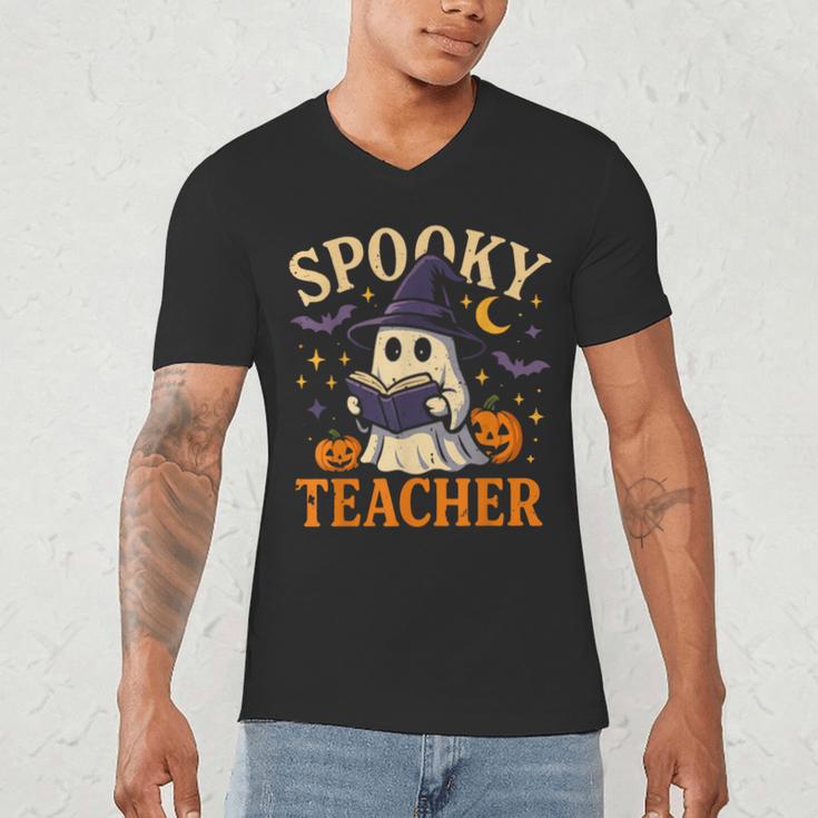 Spooky Teacher Halloween Cute Ghost Pumpkin Reading Women Men's V-Neck T-Shirt, novelty gifts, funny gifts Spooky Teacher Halloween Cute Ghost Pumpkin Reading Women Men's V-Neck T-Shirt, novelty gifts, funny gifts