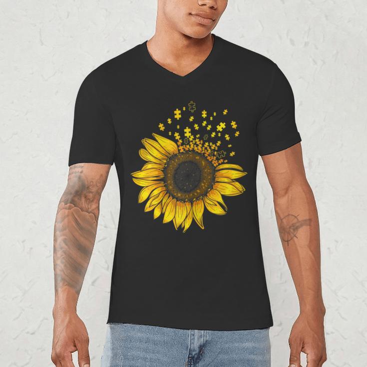 Sunflower Puzzle Pieces Autism Awareness For Mom Teacher For Women Men's V-Neck T-Shirt, novelty gifts, funny gifts