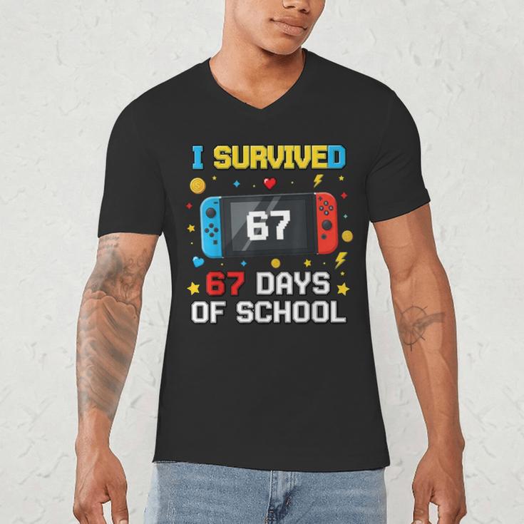 I Survived 67 Days Of School 67 Teacher Squad Matching Men's V-Neck T-Shirt, novelty gifts, funny gifts I Survived 67 Days Of School 67 Teacher Squad Matching Men's V-Neck T-Shirt, novelty gifts, funny gifts