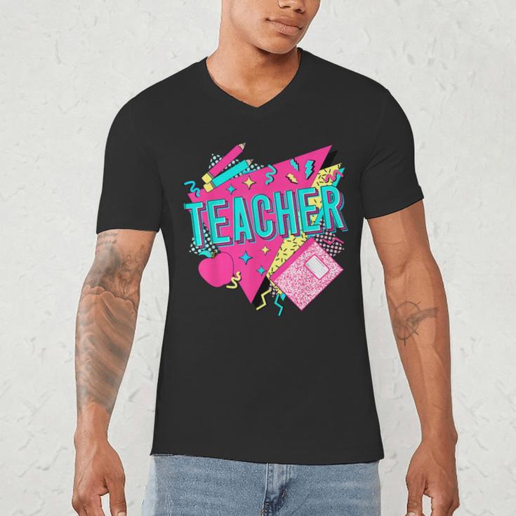 Teacher 90s Retro Colorful Teacher Of The 90s Back To School Men's V-Neck T-Shirt, novelty gifts, funny gifts