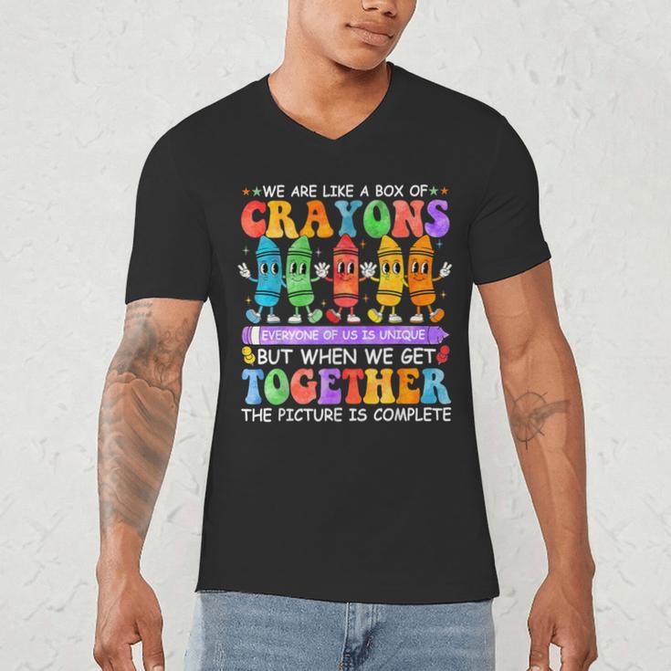 Teacher We Are Like A Box Of Crayons Back To School Men Women Kids Men's V-Neck T-Shirt, novelty gifts, funny gifts
