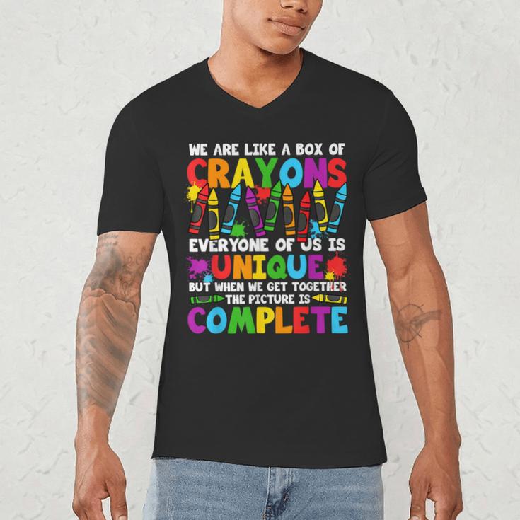 Teacher We Are Like A Box Of Crayons Back To School Men's V-Neck T-Shirt, novelty gifts, funny gifts
