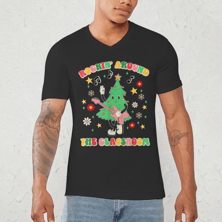 Teacher Christmas Shirts Pajama Matching Rockin' Around The Classroom -Adult Short Sleeve Small Modern Festive Christmas Teacher Xmas Vibes T-Shirt Men's V-Neck T-Shirt, novelty gifts, funny gifts