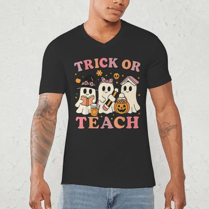 Teacher Halloween Trick Or Teach Cute Ghost Coffee Pumpkins Men's V-Neck T-Shirt, novelty gifts, funny gifts