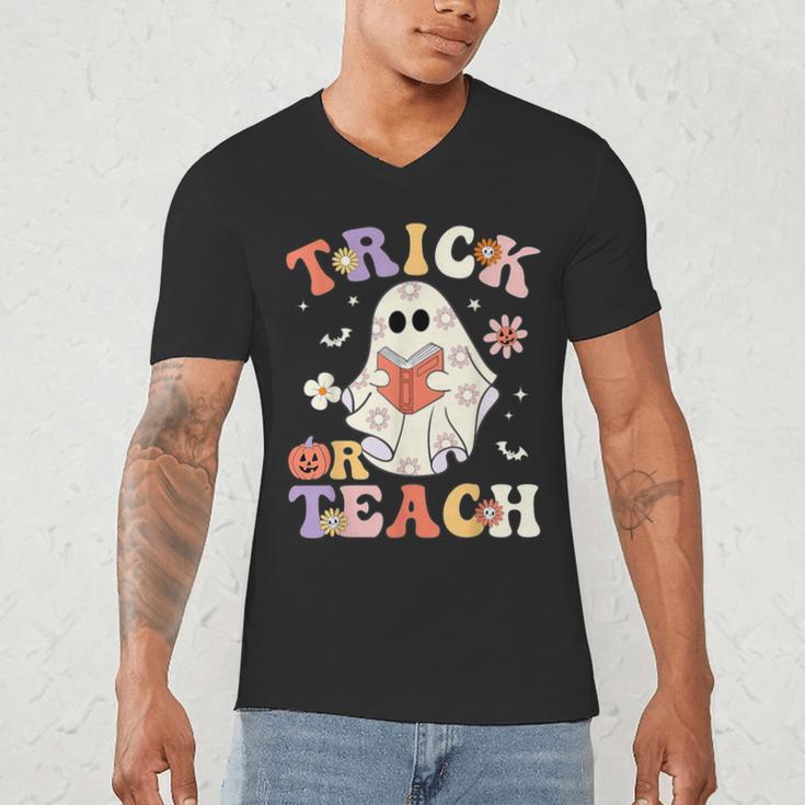 Teacher Halloween Trick Or Teach Floral Ghost Men's V-Neck T-Shirt, novelty gifts, funny gifts