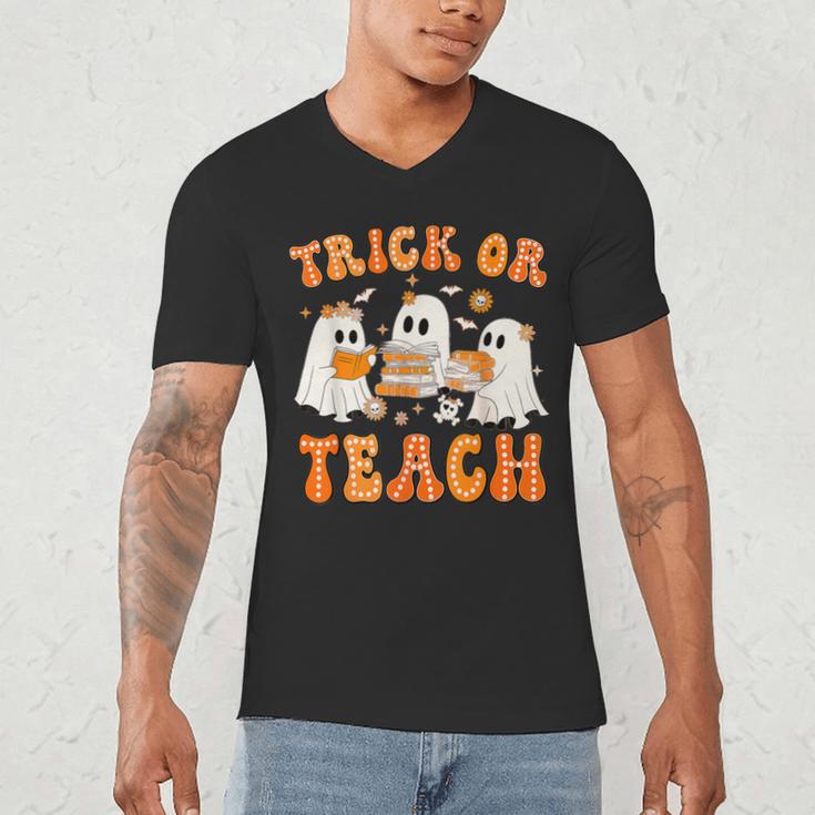 Teacher Halloween Trick Or Teach Retro Groovy Floral Ghost Men's V-Neck T-Shirt, novelty gifts, funny gifts