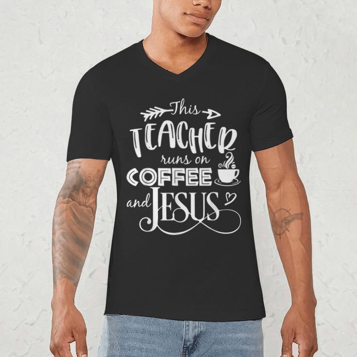 This Teacher Runs On Coffee And Jesus T Shirt Christian Tees Men's V-Neck T-Shirt, novelty gifts, funny gifts