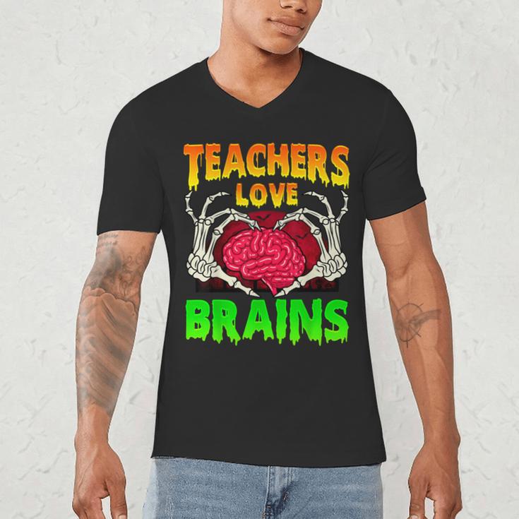 Teacher Teachers Love Brains Skeleton Hand Heart Halloween Men's V-Neck T-Shirt, novelty gifts, funny gifts
