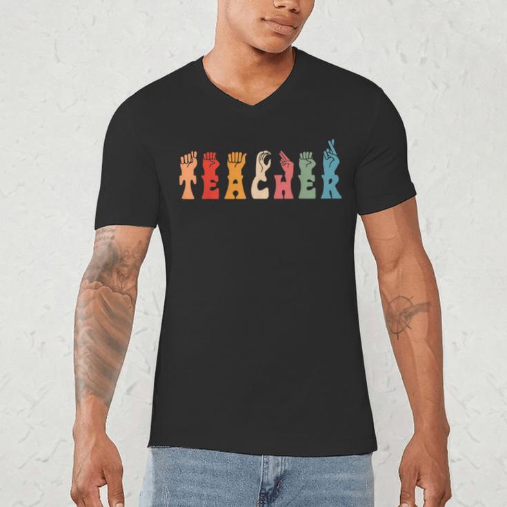 Teacher Word In Sign Language Awareness ASL Back To School Men's V-Neck T-Shirt, novelty gifts, funny gifts Teacher Word In Sign Language Awareness ASL Back To School Men's V-Neck T-Shirt, novelty gifts, funny gifts