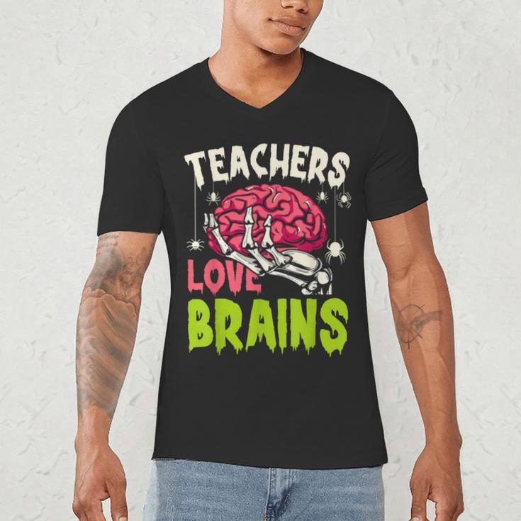 Teachers Love Brains Skeleton Halloween Teacher Funny Men's V-Neck T-Shirt, novelty gifts, funny gifts