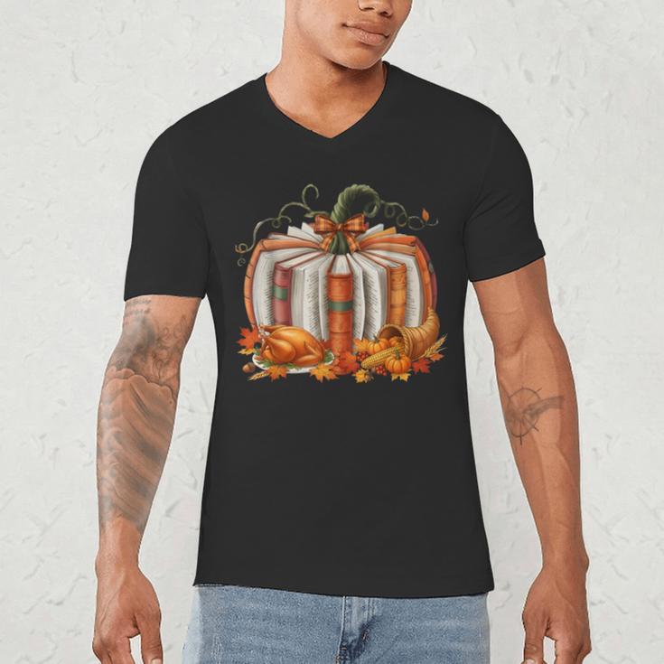 Thanksgiving Book Pumpkin Reading Teachers Fall Lovers Boys Men's V-Neck T-Shirt, novelty gifts, funny gifts