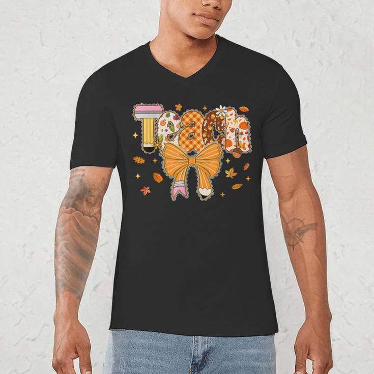Thanksgiving Teacher Pencil Bow One Thankful Teacher Fall Men's V-Neck T-Shirt, novelty gifts, funny gifts Thanksgiving Teacher Pencil Bow One Thankful Teacher Fall Men's V-Neck T-Shirt, novelty gifts, funny gifts