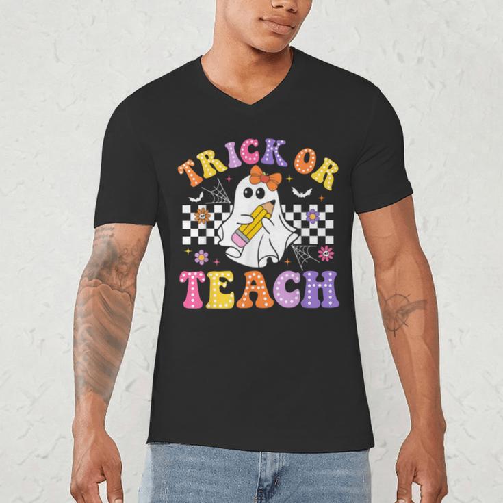 Trick Or Teach Groovy Halloween Teachers Men's V-Neck T-Shirt, novelty gifts, funny gifts Trick Or Teach Groovy Halloween Teachers Men's V-Neck T-Shirt, novelty gifts, funny gifts