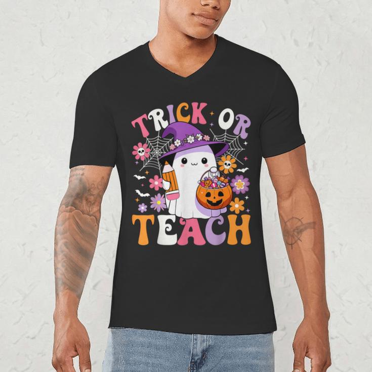 Trick Or Teach Groovy Teacher Ghost Halloween Teacher Men's V-Neck T-Shirt, novelty gifts, funny gifts Trick Or Teach Groovy Teacher Ghost Halloween Teacher Men's V-Neck T-Shirt, novelty gifts, funny gifts