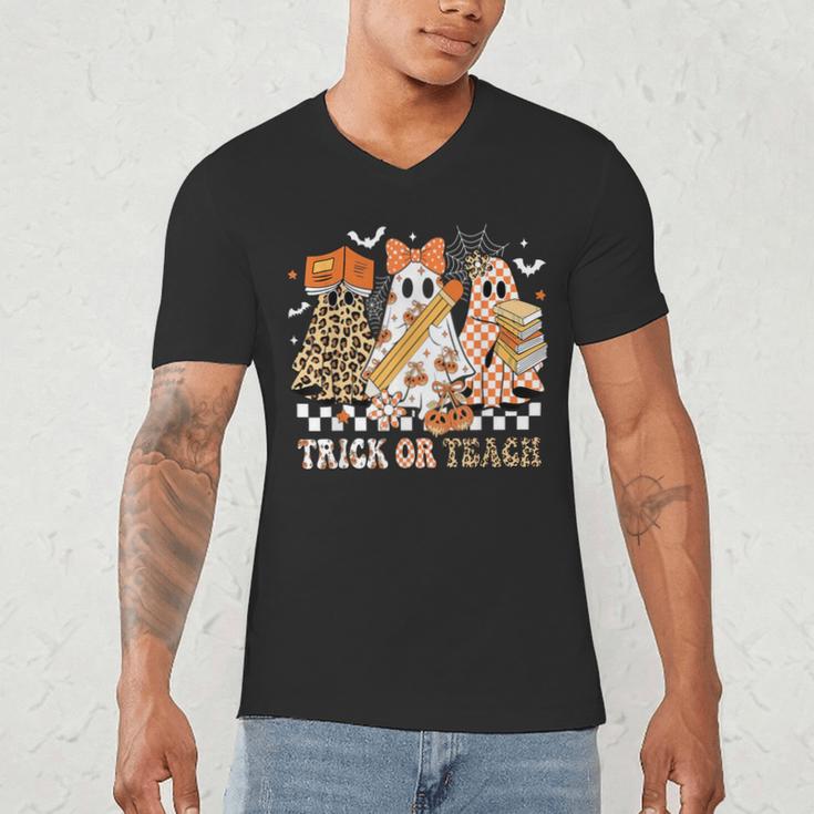 Trick Or Teach Groovy Teacher Halloween Floral Ghost Men's V-Neck T-Shirt, novelty gifts, funny gifts Trick Or Teach Groovy Teacher Halloween Floral Ghost Men's V-Neck T-Shirt, novelty gifts, funny gifts