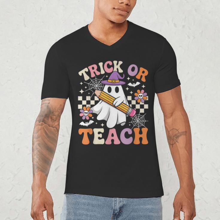 Trick Or Teach Groovy Teacher Halloween Retro Ghost Men's V-Neck T-Shirt, novelty gifts, funny gifts Trick Or Teach Groovy Teacher Halloween Retro Ghost Men's V-Neck T-Shirt, novelty gifts, funny gifts
