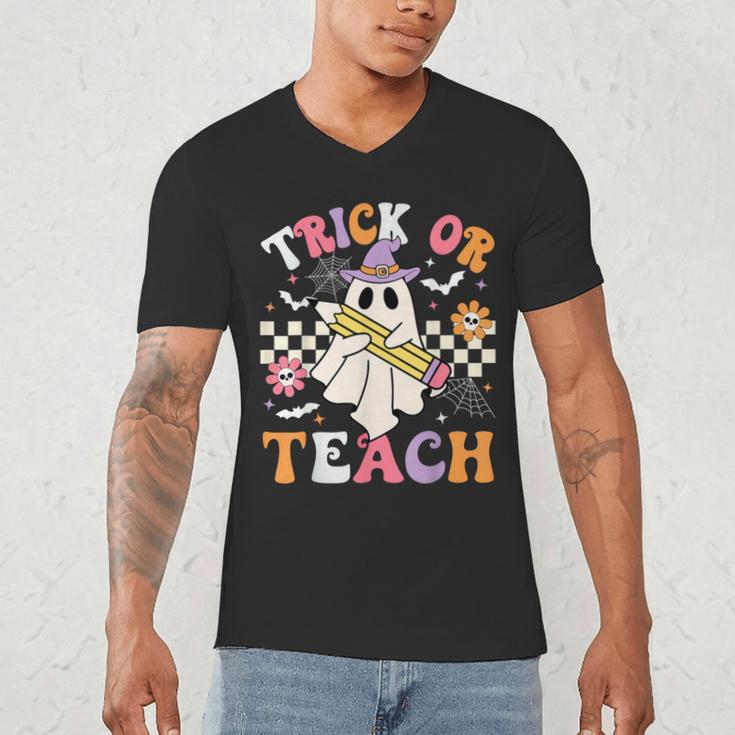 Trick Or Teach Groovy Teacher Halloween Retro Teacher Ghost Men's V-Neck T-Shirt, novelty gifts, funny gifts