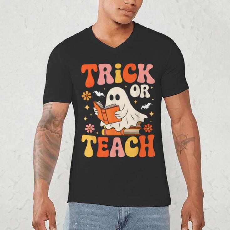 Trick Or Teach Halloween Shirt For Teacher Kids Floral Ghost Men's V-Neck T-Shirt, novelty gifts, funny gifts Trick Or Teach Halloween Shirt For Teacher Kids Floral Ghost Men's V-Neck T-Shirt, novelty gifts, funny gifts